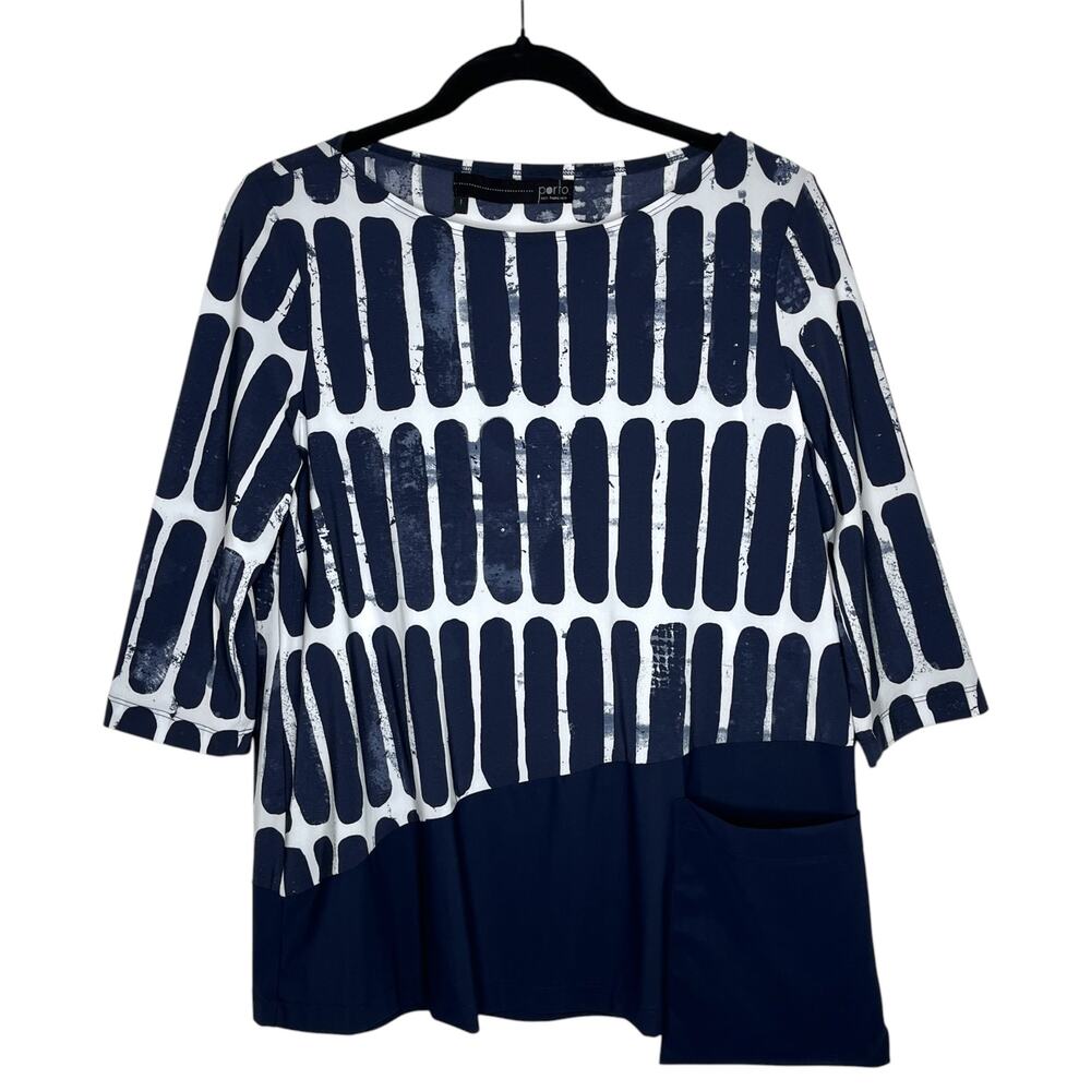 Porto San Francisco Womens Blouse 1 Small Navy White Geo Avant Garde Artsy USA